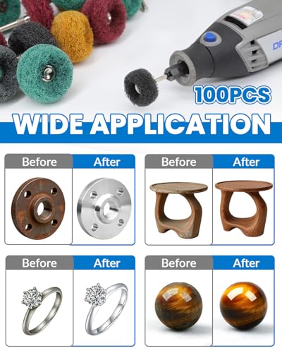 Image of 100Pcs Abrasive Buffing Wheels, 1 Inch Alumina Polishing Wheel Set, 1 /8 inch Shank Thickened Polishing Kit for Dremel Rotary Tools, Metal Rust Removal Wood Glass Jewelry Polishing
