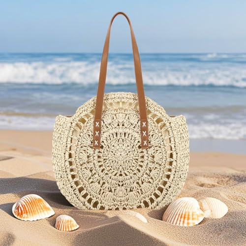 Image of Naimo Women Straw Beach Shoulder Bag Woven Tote Handbag Large Handmade Weaving Summer Casual Hobo Bag
