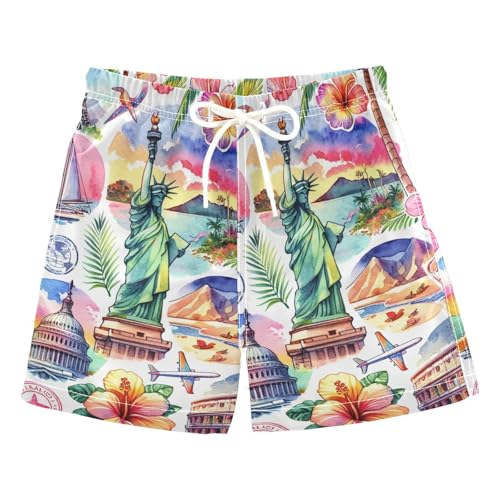 FLildon Tropical Flowers City Beach Little Boys Swim Trunks with Mesh Lining Quick Dry Beach Board Shorts, 3T