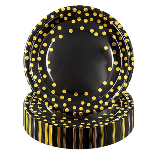 Sveikie 60 Pcs Black & Gold 7 Inch Disposable Plates, Dessert & Dinner Paper Plates for Birthday, Wedding, Anniversary, Graduation Party Tableware Supplies