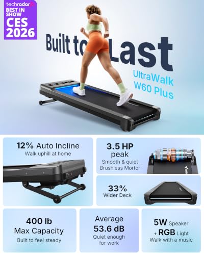 Image of MERACH UltraWalk W60 Walking Pad Treadmill with 12% Auto Incline, Under Desk Walking Pad 400lb Capacity, Max 3.5HP Heavy Duty Walking Pad with Incline for Tall People with BT Speaker, RGB Light & APP