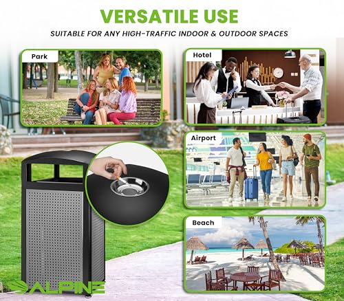 Image of Alpine 40-Gallon Outdoor Commercial Trash Can with Ashtray & Locking Lid - Heavy-Duty Cigarette Disposal Bin with Removable Liner for Parks, Hotels & High-Traffic Outdoor Areas - Black & Grey