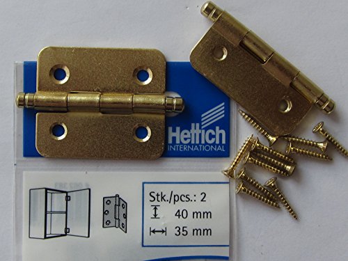 Hettich Möbelbänder mit Zierkopf, 40 x 35 mm, Stahl vermessingt, 2 Stück, 62383