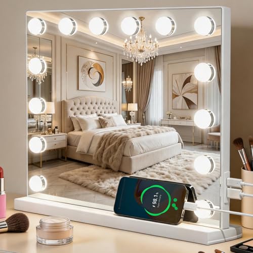 AIMAX Hollywood Schminktischspiegel mit Beleuchtung 50.2 x 42cm Schminkspiegel mit 3 Farbtemperaturen & Stufenlose Dimmung 14 LED-Leuchten Aufstell & Wandmontage Mit Ladeanschluss Touch-Steuerung