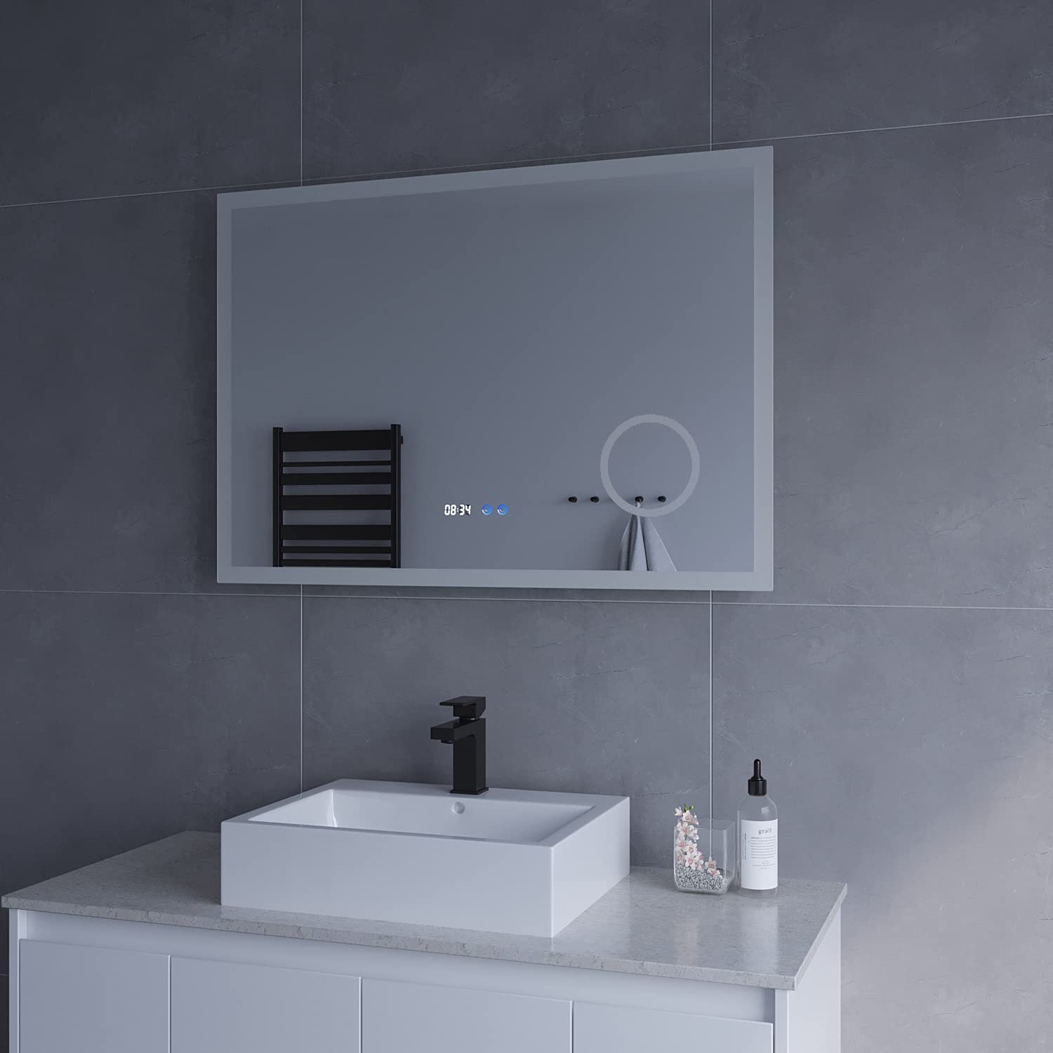 AQUABATOS Badspiegel mit LED Beleuchtung 100x70cm Badezimmerspiegel Uhrzeit Antibeschlag Dimmbar Touch Schalter Lichtspiegel Wandspiegel Kosmetikspiegel Kaltweiß für Wandschalter
