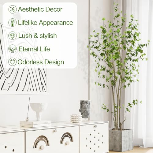 Image of Artificial Enkianthus Tree 6.5ft Tall Fake Plant with Lifelike Leaves and Trunk - Large Indoor Floor Plant in White Pot for Living Room, Bedroom, Office Decor