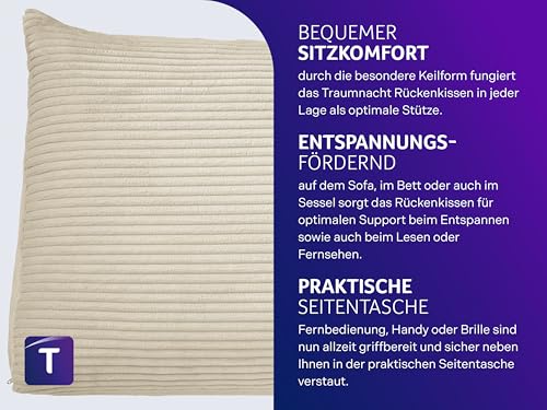 Traumnacht Cozy Rückenkissen, Lesekissen, 70x40cm, beige, Abnehmbarer,waschbarer Bezug aus gemütlichem Kord, praktisches Seitenfach, Öko-Tex Zertifiziert, produziert nach deutschem Qualitätsstandard