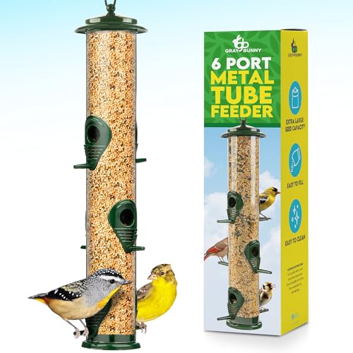 Bird Feeders for Outdoors (Green) Squirrel Proof Hanging Bird Feeder with Locking Lid & Adjustable Hanger, Chew-Proof, Weather Resistant 15 Inches 6 Port