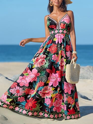 CUPSHE Women's Summer Dresses Casual Spring V Neck Sleeveless Floral Beach Vacation Long Spaghetti Strap Flowy Maxi Dress - Image 6