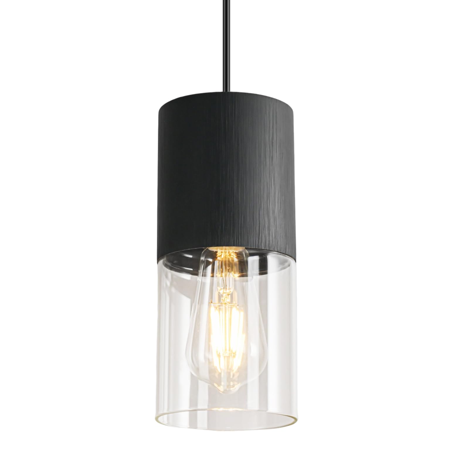 Black Pendant Light Fixtures, Adjustable Modern Pendant Lights for Kitchen Island, Industrial Clear Glass Pendant Lights for Dining Table Hallway Bedroom Living Room, 1 Pack