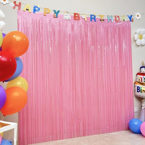 Image of 4 Pack Macaron Pink Foil Fringe Curtains, 13.2x6.6ft Streamers Backdrop for Girls Princess Birthday, Easter, Bachelorette, Bridal Shower, Wedding, Baby Shower| Pastel Pink Streamers Party Decorations