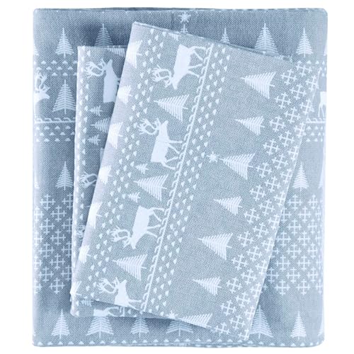 Image of Woolrich Cotton Sheet Set Cottage Charms Print, 100% Cotton Flannel Sheets Warm & Fuzzy Bedding Set Queen Size Sheets, Fitted Pocket Fits Up to 14 inch Mattress, Queen Blue Winter Frost, 4 Piece
