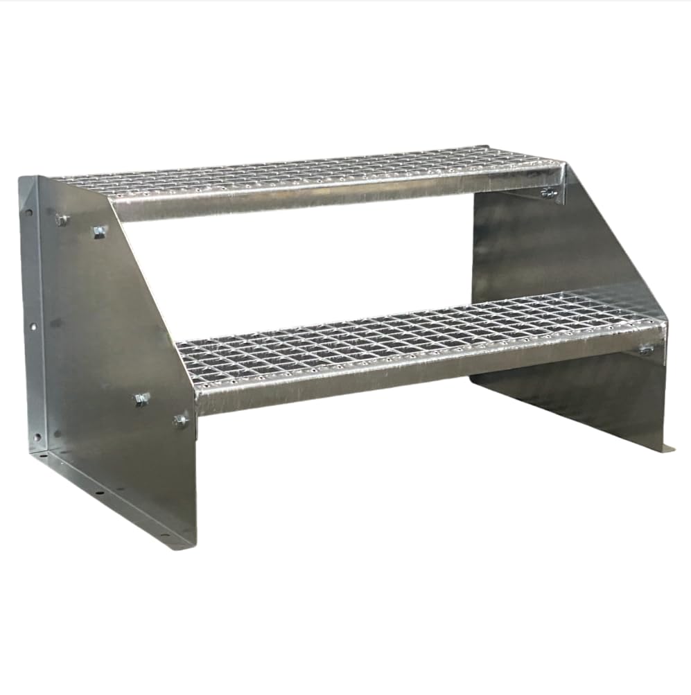 SRM Design 2 Stufen Standtreppe Stahltreppe Wangentreppe Gitterrosttreppe freistehend Breite 70cm Höhe 42cm Verzinkt/Robuste Außentreppe/Stabile Industrietreppe für den Außenbereich
