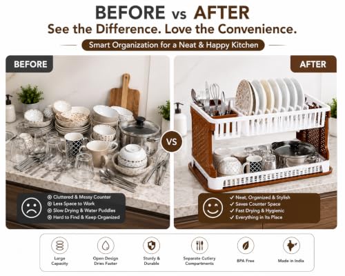 Image of JD FRESH 2 Tier Dish Drying Rack for Kitchen /Plastic Foldable Cutlery Holder for Countertop Rack /Compact Size Utensil Drainer Organizer with Water Tray /Space Saving Plate Stand (Brown)