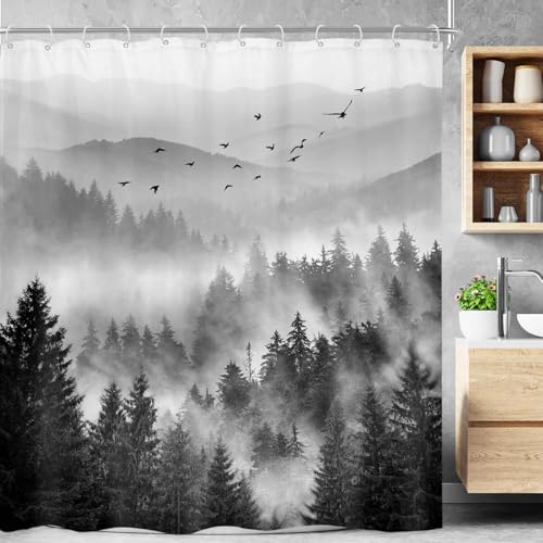 Riyidecor Mountain Shower Curtain 60Wx72H Inch Black Pine Tree Nature