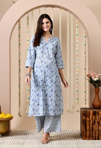 Image of Amazon Brand - Tavasya Women Cotton Anarkali Kurta Pant Dupatta Set | Printed Ethnic Suit Set | Flared Anarkali Kurta with Pant & Dupatta | Festive & Casual Wear