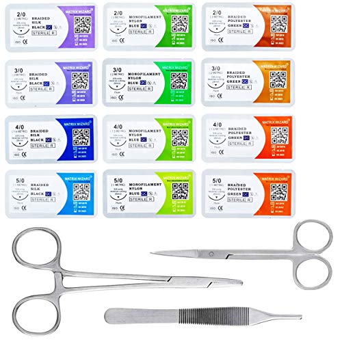Sterile Mixed Sutures Thread with Needle Plus Training Tools - First Aid Emergency Practice, Tactical Trauma Survival Demo, Medical Resident and Nurses' Anatomy Wound Kit, Emergency Vet Wound Kit
