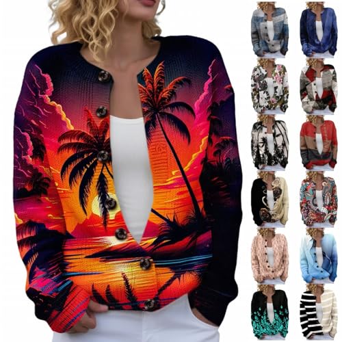 Women's Novel Graphic Print Button Down Cardigan Sweater Fall Winter Long Sleeve Lightweight Knit Sweaters
