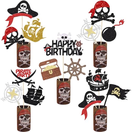 12Pcs Glitter Pirate Party Centerpiece Sticks Pirate Table Toppers Nautical Party Decoration for Pirate Theme Birthday Party Baby Shower Supplies