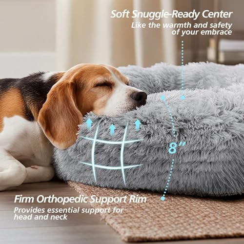 Image of JOLLYVOGUE Calming Dog Beds Large Sized Dog, 36in Donut Washable Large Pet Bed, Anti-Slip & Anti-Anxiety Fluffy Faux Fur Round Dogs Bed, Fits up to 80 lbs Pets (Smoke Grey)