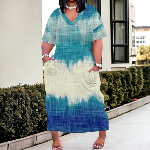 Image of Women Casual T-Shirt Dress V Neck Short Sleeve Solid Color Oversize Dress with Front Two Pockets
