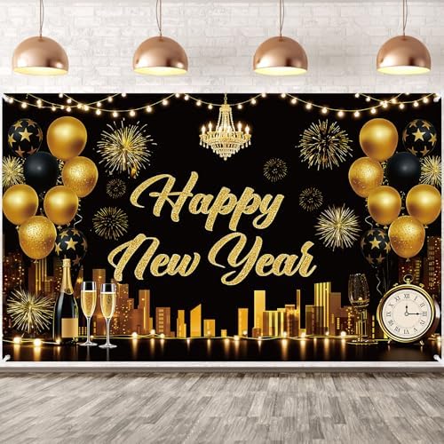 Happy New Year Banner with Rope, 43x71in/110x180cm Black and Gold Large ...