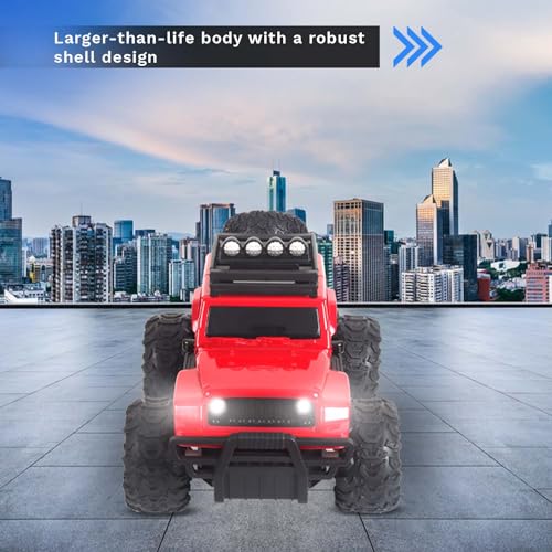 Image of popsugar Off Roader Rechargeable Remote Control Car | RC Car Monster Truck | 4 Headlight Modes | Lithium Battery | C-Type Charging | 2.4GHz Remote Controller | Made in India, Red