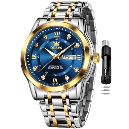 OLEVS Blue Watch for Men Classic Business Dress Analog Stainless Steel Waterproof Luminous Date Diamond Men Silver Watch
