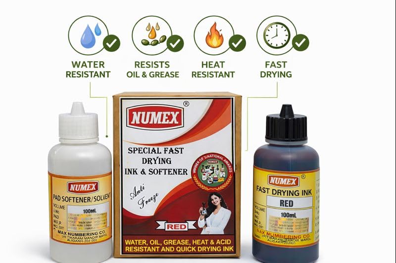 Image of NUMEX Batch Printing Permanent RED Ink & Softener Combo (100ml) | Fast Drying | Strong Adhesion | Industrial Coding Solution | Since 1976