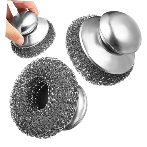 PRETYZOOM 2Pcs Stainless Steel Wire Sponge Scrubbers with Ergonomic Handle Metal Dish Cleaning Brushes for Pots Pans Grills Heavy Duty Kitchen Scrubbing Tools