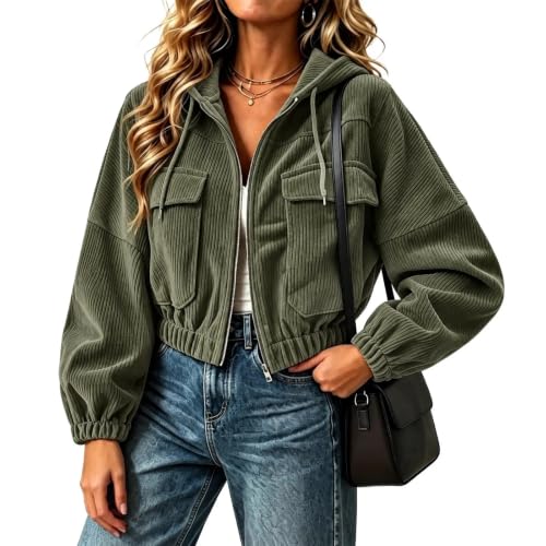 Corduroy Jacket Women Ribbed Cropped Hooded Long Sleeve Zip Up Coat - image 1