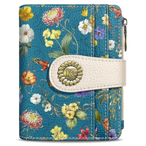 Image of Kelvoris Blue Vibrant Floral Small Rfid Women Wallet Zipper Coin Pocket | Bifold PU Leather Compact Cash Credit Card Holder Travel Purse for Female Ladies Teen Girls 1 ID Window 10 Card Slots