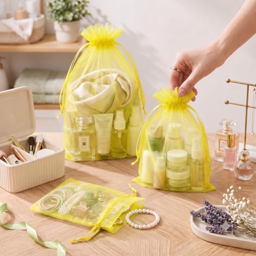 Image of FUNFERY 100PCS Lemon Yellow Organza Gift Bags 5x7in,Drawstring Pouch