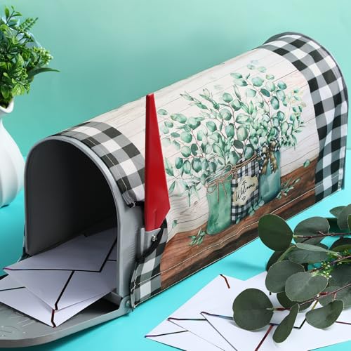 Image of Tiamon Summer Eucalyptus Jar Mailbox Covers Magnetic Black and White Plaid Letter Box Wrap Standard Size 21x18 Inch Welcome Jar Mailbox Decor Farmhouse Post Box Decoration for Outdoor Garden Yard