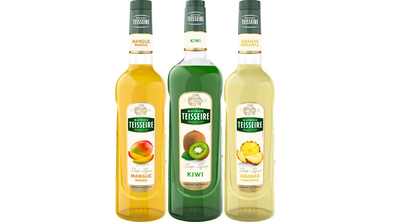 Lot de 3 sirops Mathieu Teisseire - Mangue, Ananas, Kiwi, pour boissons, rafraîchissements, cocktails, cafés et desserts, bouteilles de 70cl et 1L.