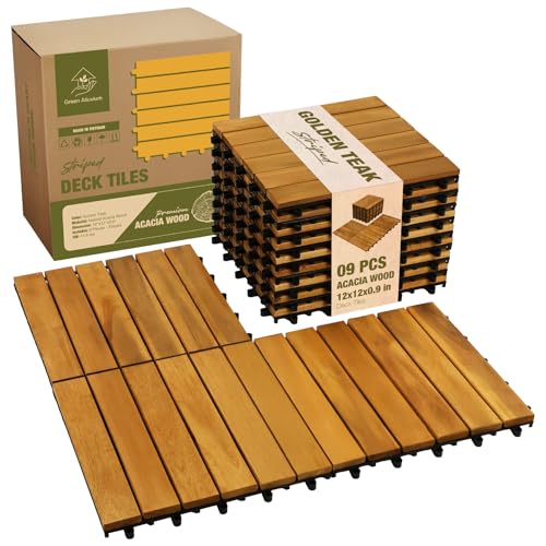 GREEN ALLUVIUM Premium Acacia Wood Interlocking Deck Tiles, 9 PCS 12'x12'x0.9' Floor Tiles, Waterproof...