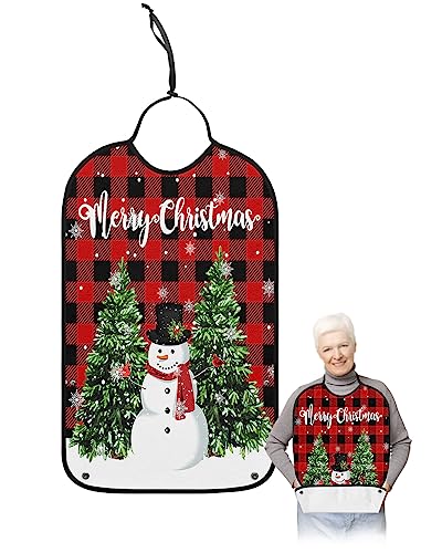 Christmas Snowman Adult Bibs for Eating, Waterproof Bibs with Food Catcher & Adjustable Snap Closure, Red and Black Buffalo Plaid Xmas Tree Snowflake Clothing Protectors Adult Bibs for Elderly