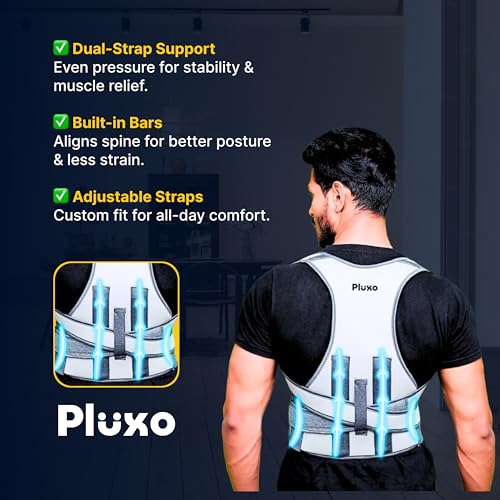 Image of Pluxo Neoprene Posture Corrector For Unisex Adjustable Posture Corrector Belt For Back Support, Spine Alignment & Pain Relief Comfortable & Lightweight For Relaxed use | Waist size 28-42 Inches