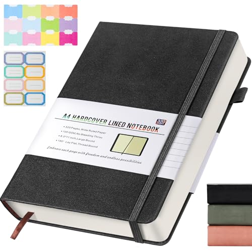 Cuaderno forrado para mujeres y hombres, 320 páginas A4 de tapa dura de cuero para la escuela, universidad, viajes, escritura y negocios, trabajo, bandas, soporte para bolígrafo + bolsillo interior,