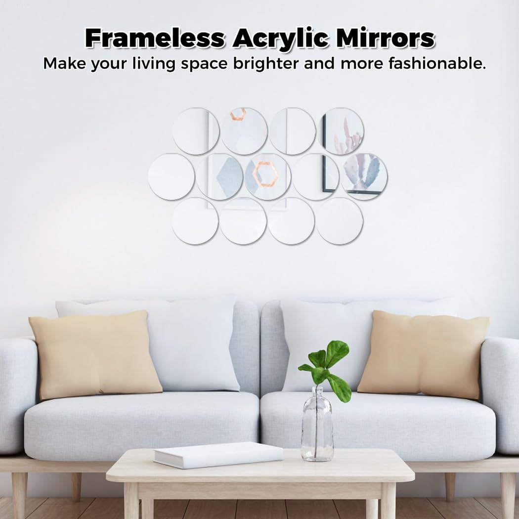 Acrylic Mirror Plates 24-Pack, Round Frameless Tiles for Wall Hanging, Candle Tray Discs, Safe Alternative to Glass, Tabletop Decor