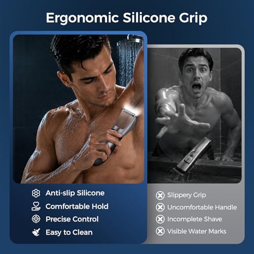 Image of Bikini Trimmer for Men, 2 in 1 Electric Razors Shaver, IPX7 Waterproof Body Hair Trimmer with Mirror, LED Light & Display, Painless Pubic Hair Removal, Silver