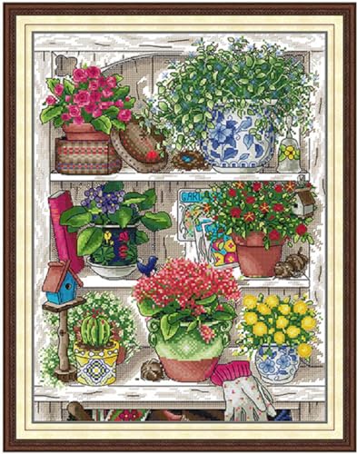 Aiorkeng Cross Stitch Kits Stamped Full Range of Embroidery Starter Kits for Adults Beginners DIY Needlepoint Kit 14CT 2 Strands -Printed kit Flower Shelf (Printed) 13.4×17.3 inches