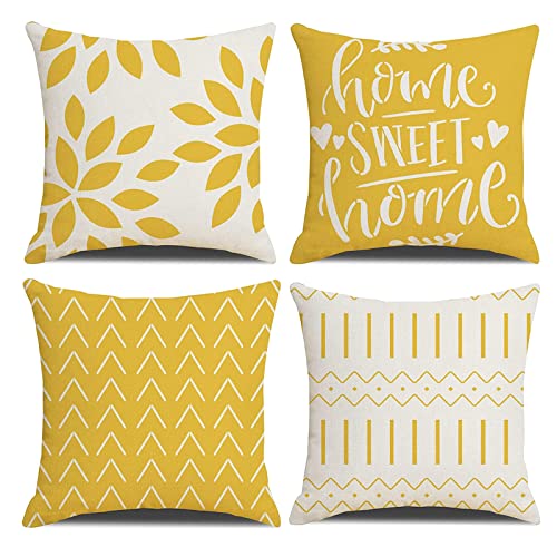 OCEUMACO Housse de Coussin 40x40 Home Décoratif Housses Coussins pour Canapé Chaise Lit Salon Lot de 4 Fleurs Géométrique Moderne Taie d'oreiller en Lin...