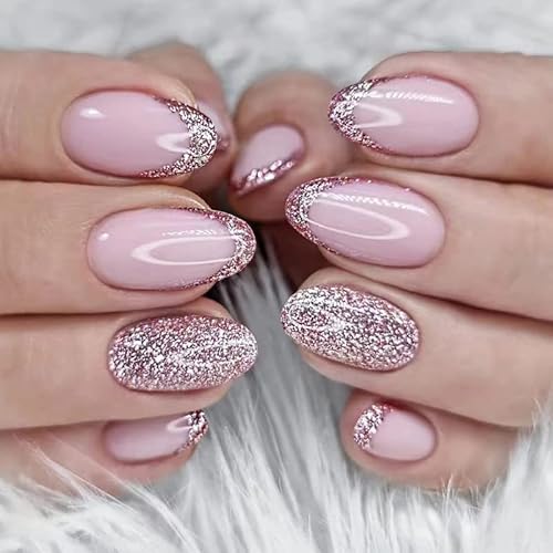 Pink Glitter French Press-On Nails Short Almond False Nails Glitter Full Cover Gloss Reusable Artificial Acrylic Nails for Women and Girls DIY Nail Art Decoration 24pcs