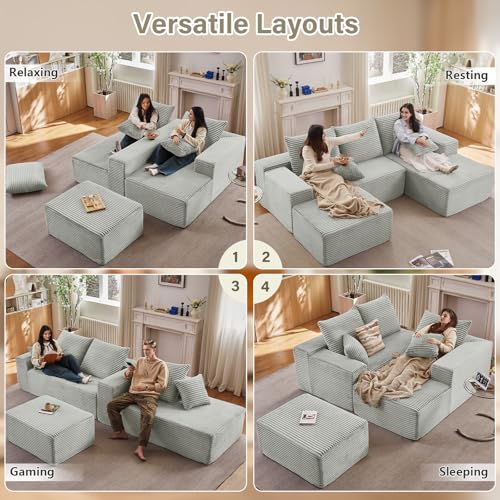 Image of Lakifun 107 inch U-Shape Cloud Couch, Modern Modular Sectional Comfy L-Shape Sofa with Ottoman, Deep Seat, Upholstered Corduroy Sleeper Chaise Longue for Living Room Bedroom, No Assembly Required, Grey