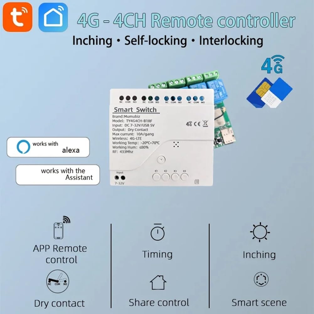 Tuya Smart-Schalter, Tuya Smart 4G LTE-Relais 4G 4CH Fernbedienung, Gleichstrom 7-32V