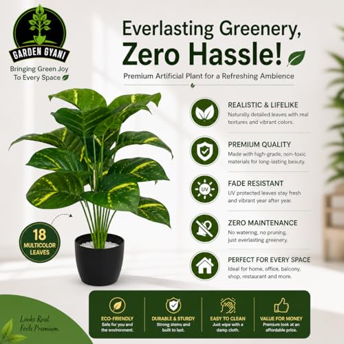Image of Artificial Calathea Orbifolia Plant with Black Pot - 75 cm Tall Faux Tropical Decorative Plant with 18 Leaves for Home, Office, Balcony & Living Room Decor