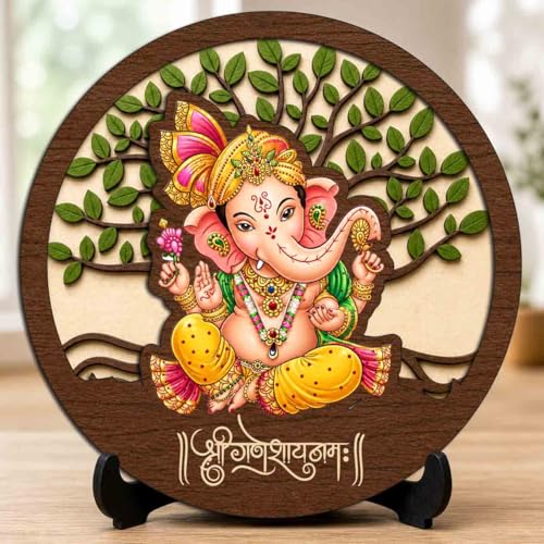 Image of Ganesh Ji Wooden Idol with Stand for Home Temple, Puja Room, Office Desk & Indoor Mandir Decor - 5x5 Inch