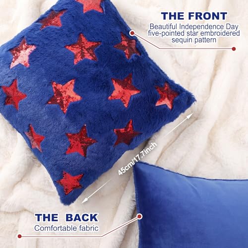 2 Pcs 4th of July Pillow Covers 18x18 Inch Red Sequin Star Embroidered Pillow Cover Independence Day Soft Plush Faux Fur Jacquard Pillowcase for Home Living Room Sofa Couch - Image 3