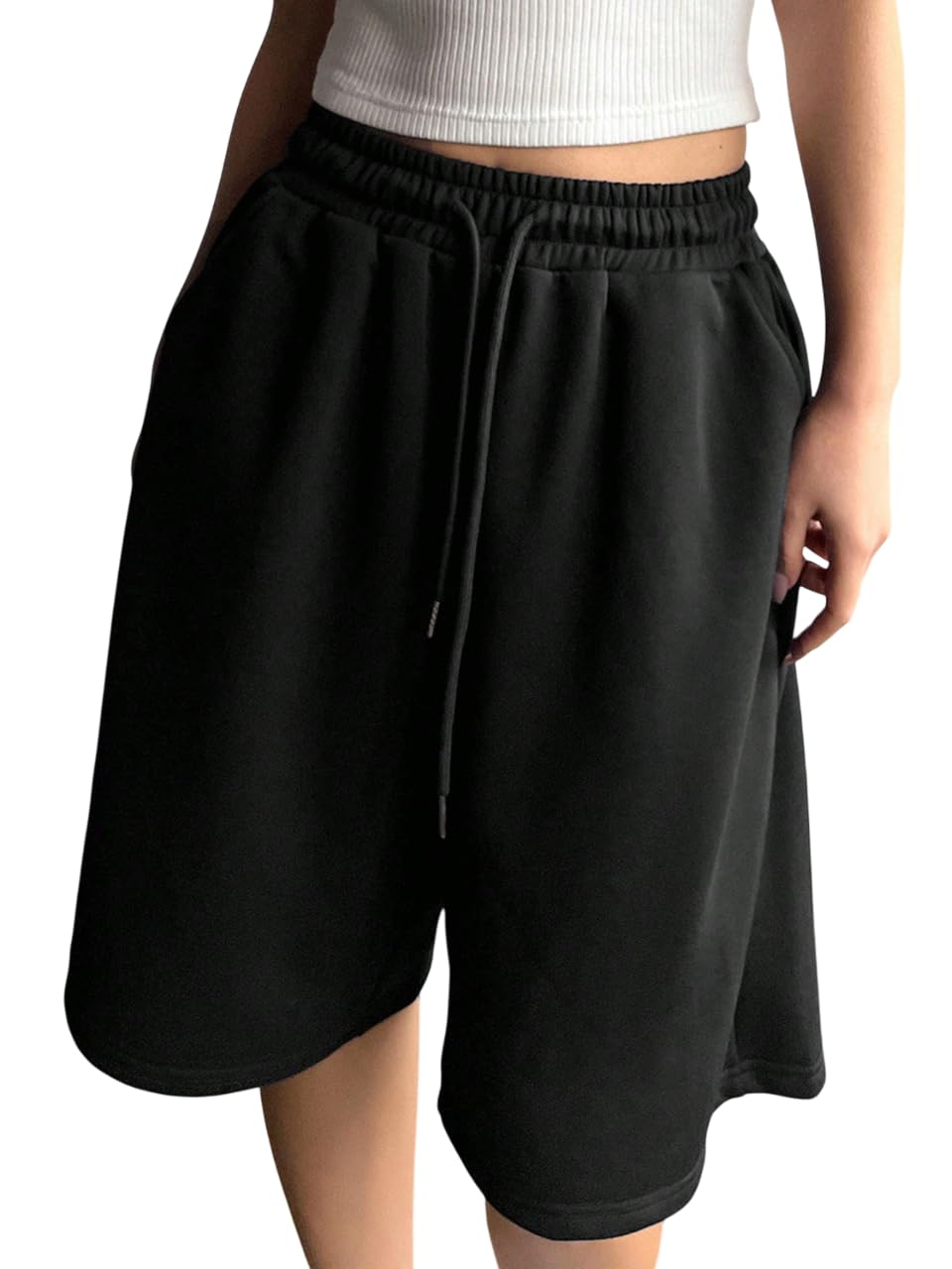 dockstreet Straight Wide fit Long Length Cotton Shorts with Two Side Pockets for Women/Trending Multi Pocket Style, Relaxed Casual Shorts for Women